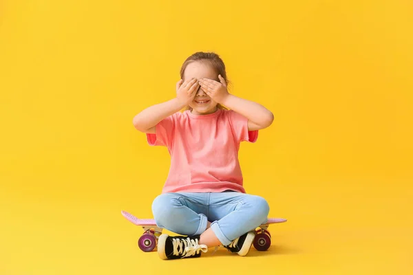 Cute Little Girl Skateboard Color Background — Stock Photo, Image