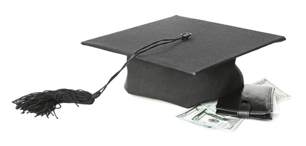白底毕业帽和钱 学费概念 — 图库照片
