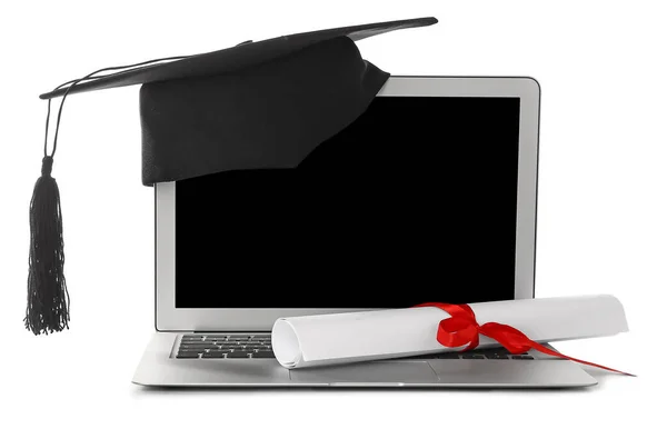 Cappello Laurea Laptop Diploma Sfondo Bianco — Foto Stock