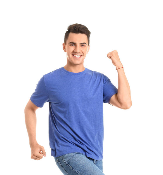 Happy young man on white background