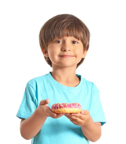 Engraçado Menino Com Donut Fundo Branco — Fotografia de Stock