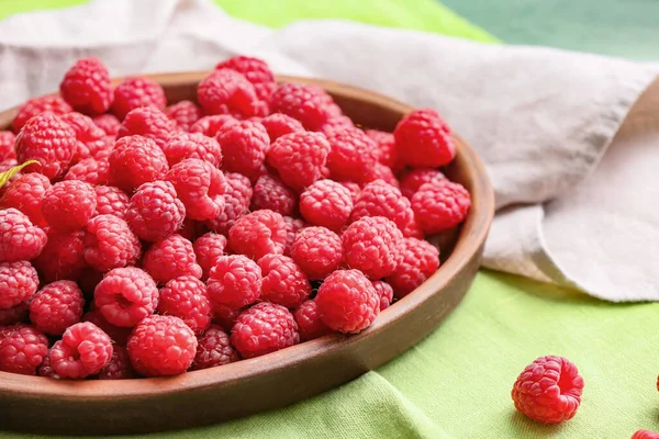 Plate Ripe Raspberries Table — Stock Photo, Image