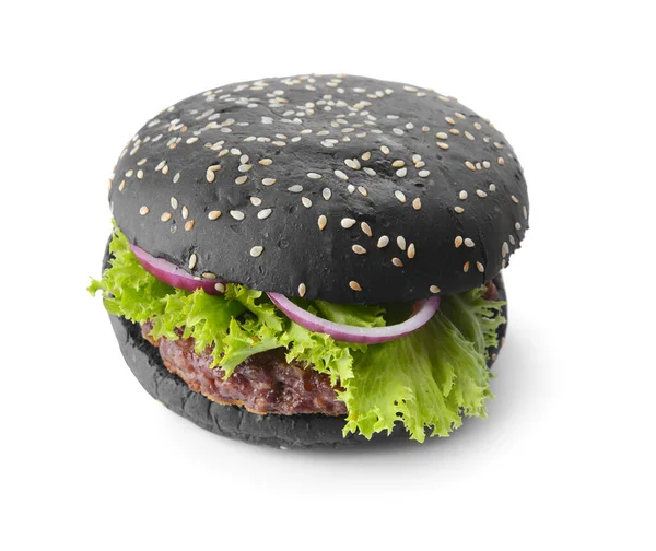 Tasty Burger Black Bun White Background — Stock Photo, Image