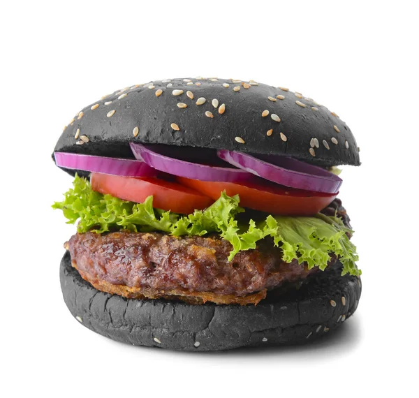 Hamburger Savoureux Avec Pain Noir Sur Fond Blanc — Photo