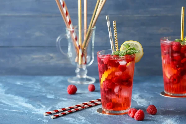 Glass Cold Raspberry Tea Color Background — Stock Photo, Image