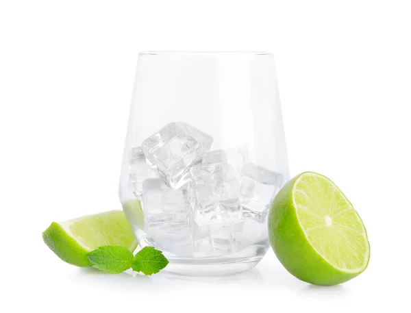 Glass Ice Cubes Lime Mint White Background — Stock Photo, Image