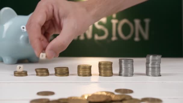Composition Stacked Coins Word Pension Table — Stock Video