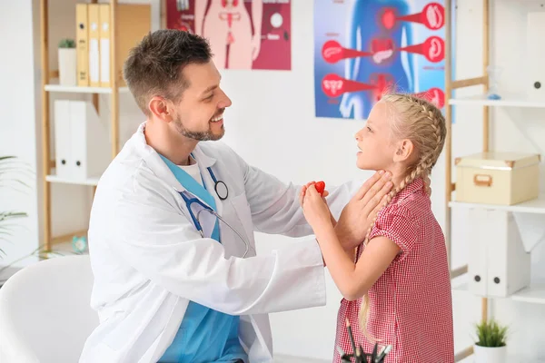 Doctor Examining Little Girl Thyroid Gland Problem Clinic — Stock Photo, Image