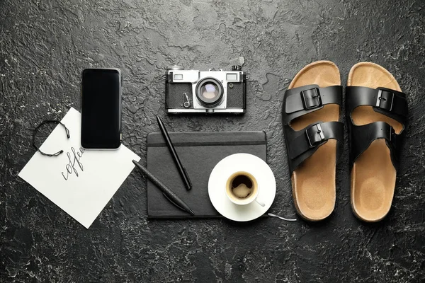 Composition Cup Coffee Photo Camera Flip Flops Dark Background — Stock Photo, Image
