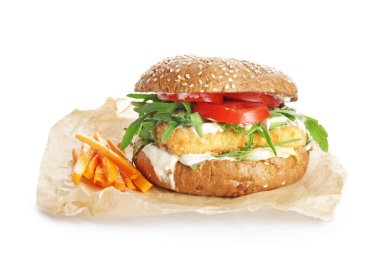 Beyaz arka planda lezzetli vejetaryen burgeri