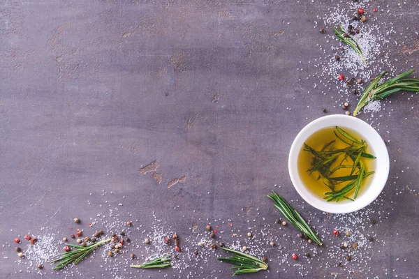 Bowl Rosemary Oil Spices Dark Background — Stock Photo, Image