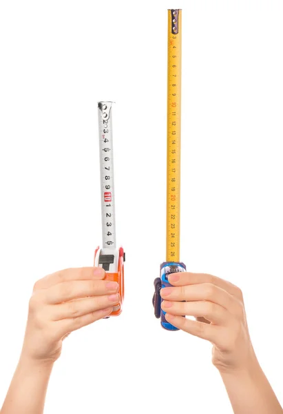 Женские Руки Измерительными Лентами Белом Фоне — стоковое фото