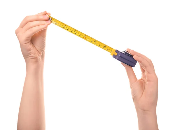 Female Hands Measuring Tape White Background — Stock Photo, Image