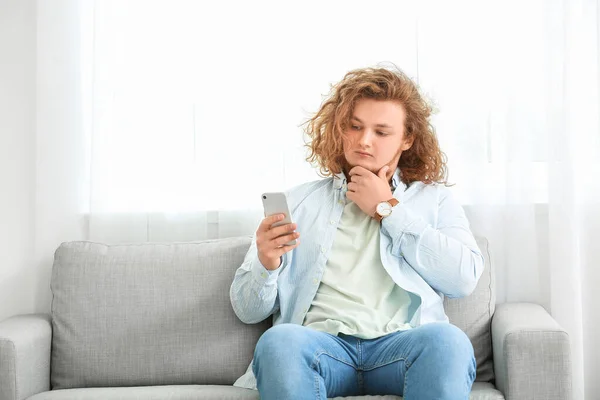 Young Man Mobile Phone Home — Stock Photo, Image