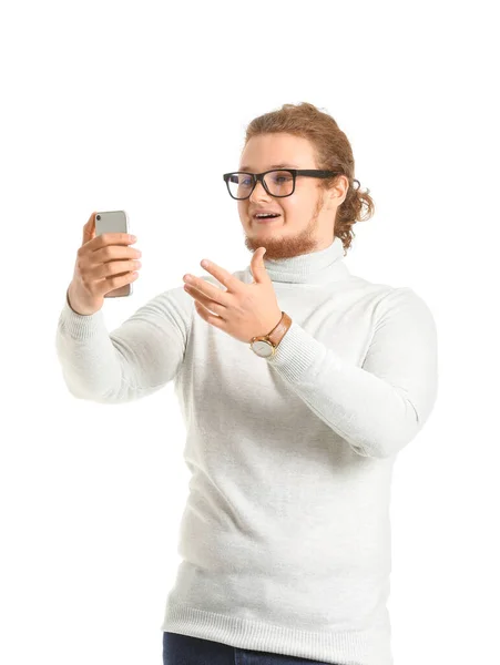 Jongeman Met Mobiele Telefoon Witte Achtergrond — Stockfoto