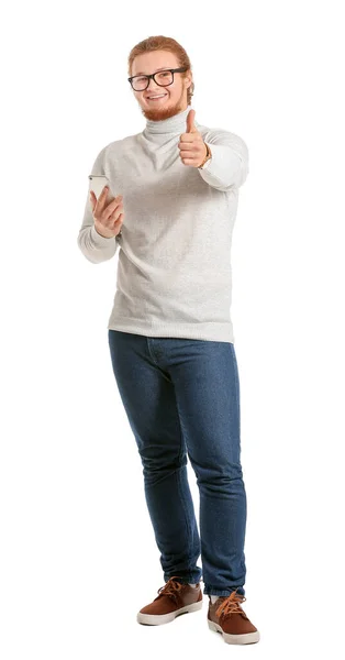 Young Man Mobile Phone Showing Thumb Gesture White Background — Stock Photo, Image