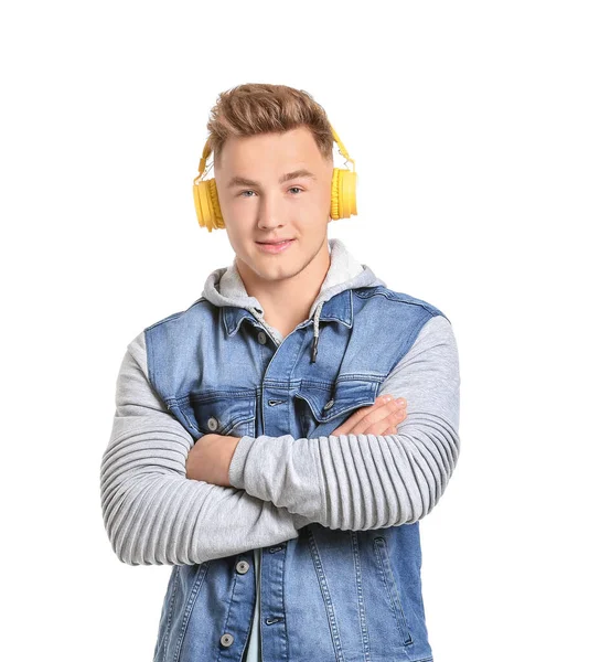 Young Man Listening Music White Background — Stock Photo, Image
