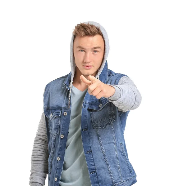 Young Man Pointing Viewer White Background — Stock Photo, Image