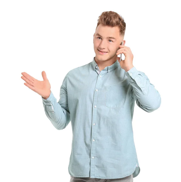 Joven Hablando Por Teléfono Móvil Sobre Fondo Blanco —  Fotos de Stock