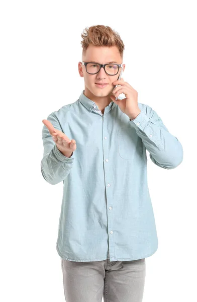 Young Man Talking Mobile Phone White Background — Stock Photo, Image