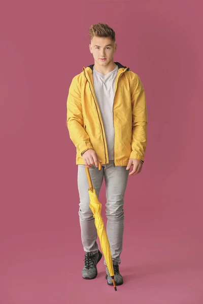 Young Man Umbrella Color Background — Stock Photo, Image