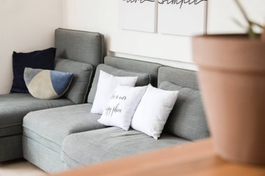 Oturma odasının içinde rahat bir kanepe.