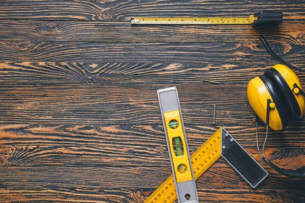 Measuring Tape Builder Supplies Wooden Background — Stock Photo, Image