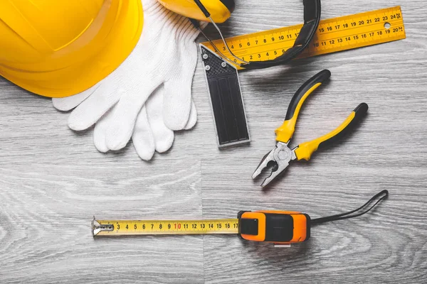 Measuring Tape Builder Supplies Wooden Background — Stock Photo, Image