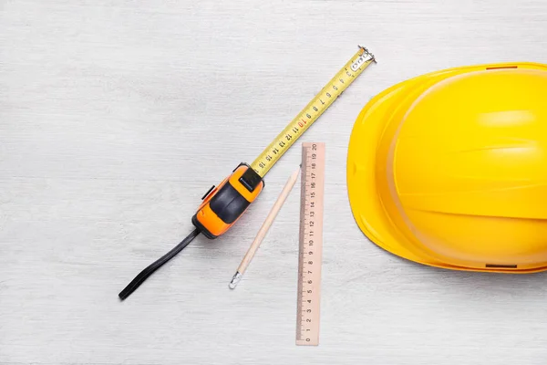 Measuring Tape Builder Supplies Wooden Background — Stock Photo, Image