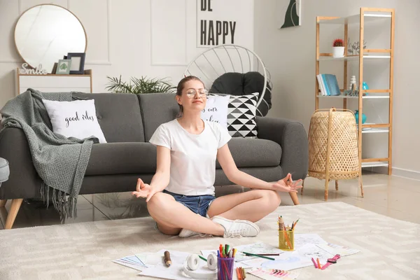 Young Woman Meditating Coloring Picture Home — Stock Photo, Image