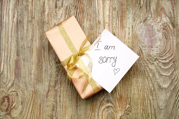 Regalo Con Testo Sono Sorry Sfondo Legno — Foto Stock