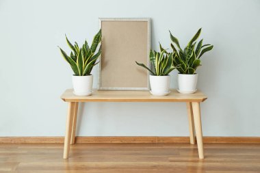 Çiçekli masa ve ışık duvarının yanındaki boş çerçeve.