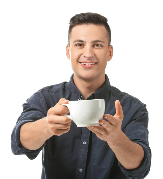 Jóképű Fiatalember Csésze Tea Fehér Háttér — Stock Fotó