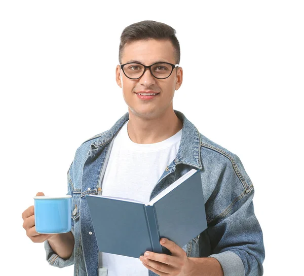 Красивый Молодой Человек Чашкой Чая Книгой Белом Фоне — стоковое фото