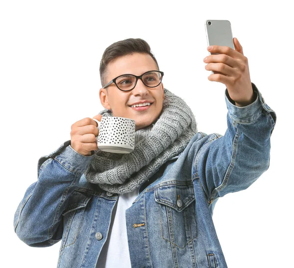Handsome Young Man Cup Tea Taking Selfie White Background — Stock Photo, Image