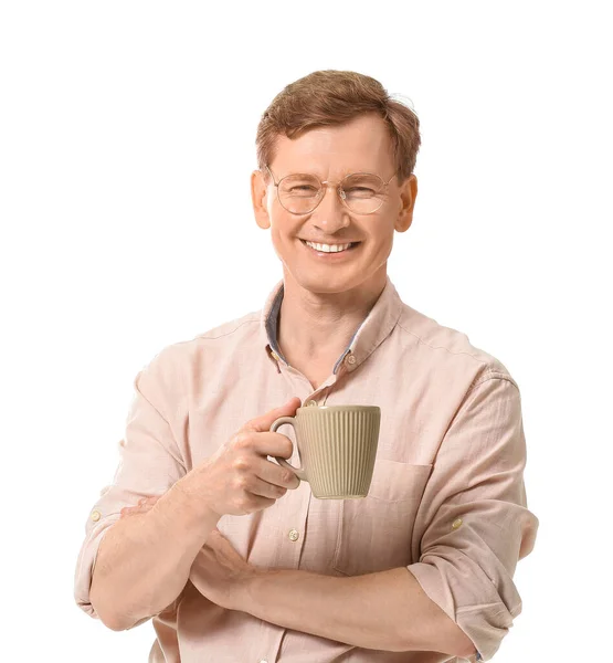 Homem Bonito Com Xícara Chá Fundo Branco — Fotografia de Stock