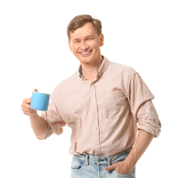 Красивий Чоловік Чашкою Чаю Білому Тлі — стокове фото