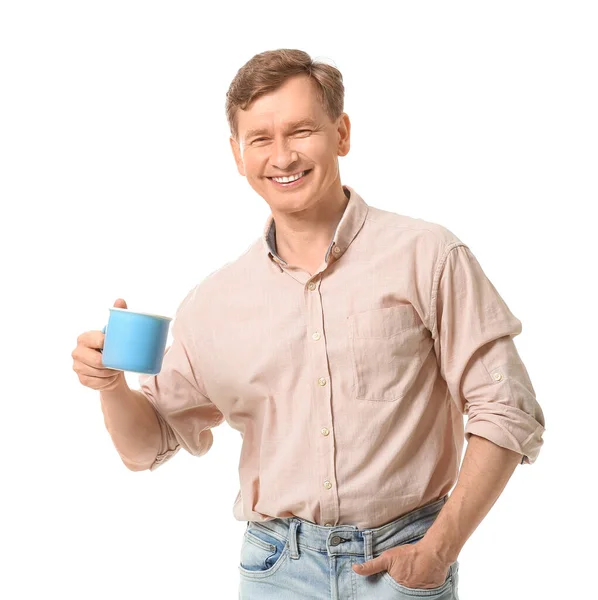 Hombre Guapo Con Taza Sobre Fondo Blanco — Foto de Stock