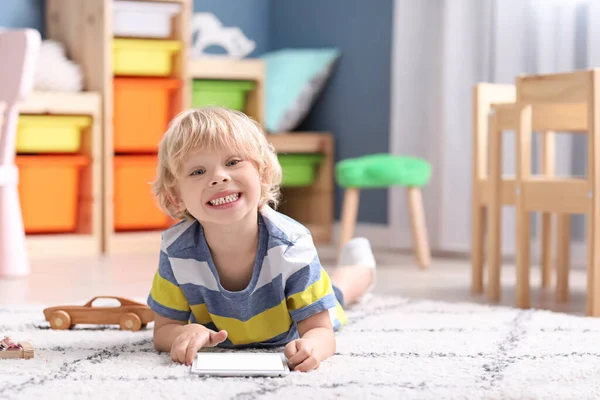 Cute Little Boy Tablet Computer Home — Stock Photo, Image