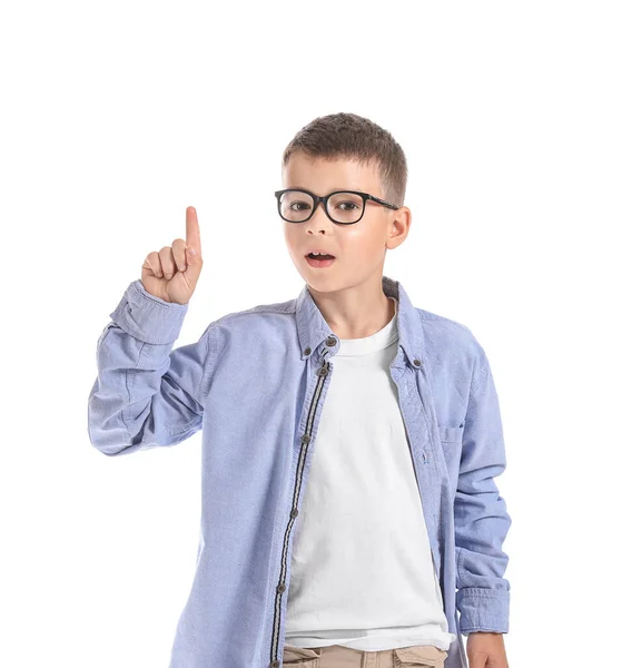 Cute Little Boy Raised Index Finger White Background — Stock Photo, Image