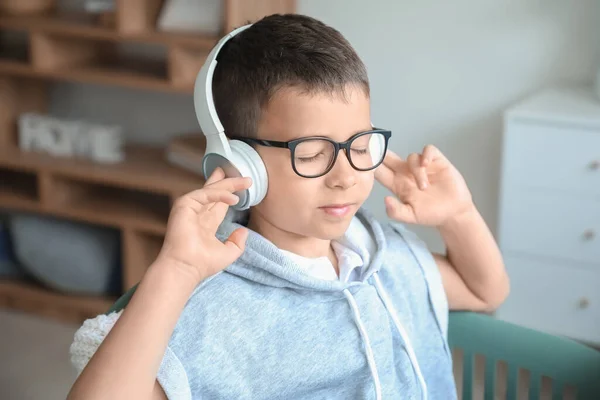 Cute Little Boy Listening Music Home — Stock Photo, Image