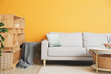 Hasır sepetli modern odanın içi