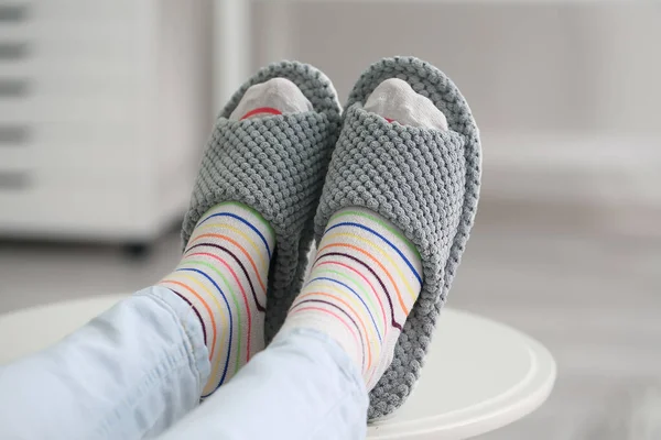 Young Woman Soft Slippers Home — Stock Photo, Image