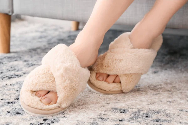 Young Woman Soft Slippers Home — Stock Photo, Image