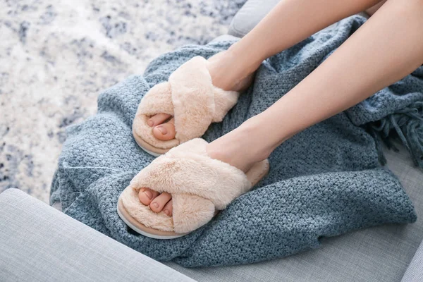 Young Woman Soft Slippers Home — Stock Photo, Image