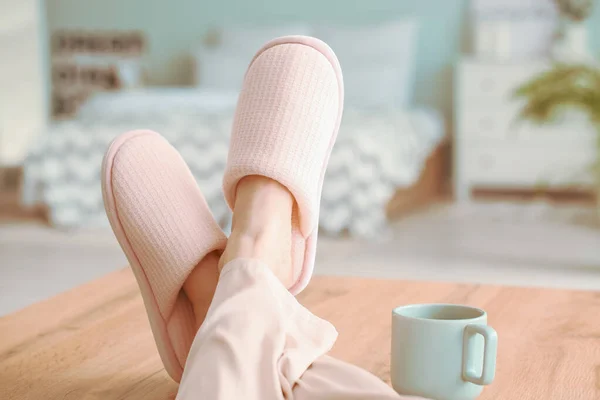 Young Woman Soft Slippers Home — Stock Photo, Image