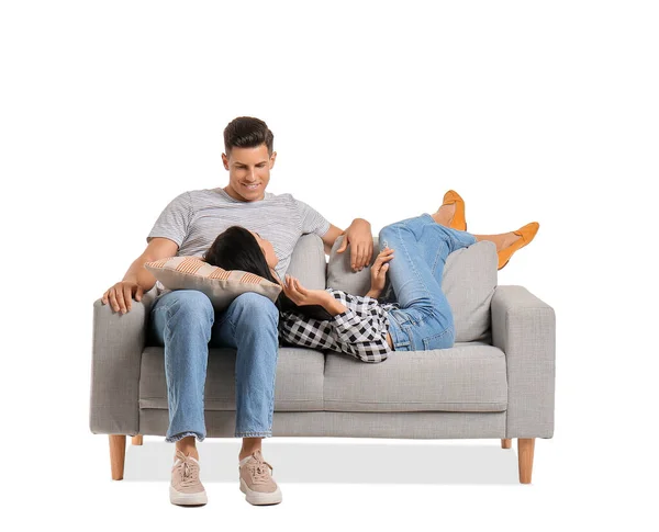 Young Couple Relaxing Sofa White Background — Stock Photo, Image