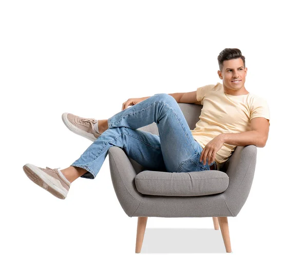 Young Man Relaxing Armchair White Background — Stock Photo, Image