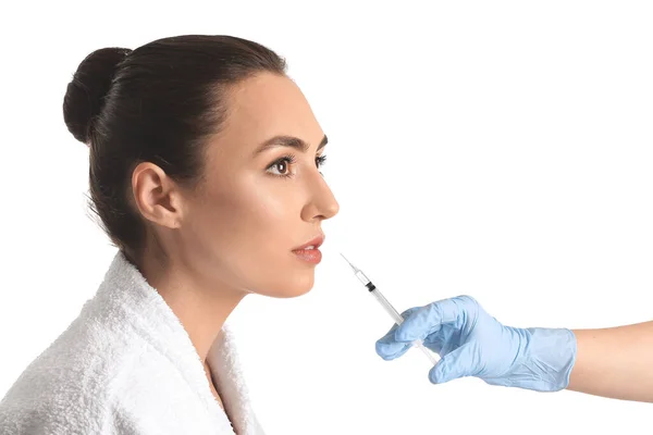 Beautiful Young Woman Receiving Injection Filler White Background — Stock Photo, Image