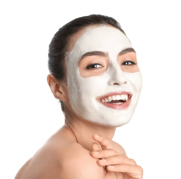 Mooie Jonge Vrouw Met Masker Haar Gezicht Tegen Witte Achtergrond — Stockfoto